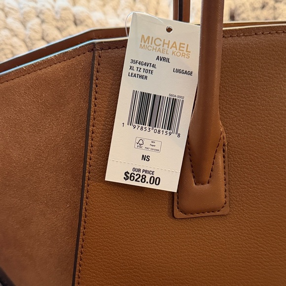 Michael Kors Cognac Leather and Suede Tote with Gold Logo Charm - Picture 3 of 5